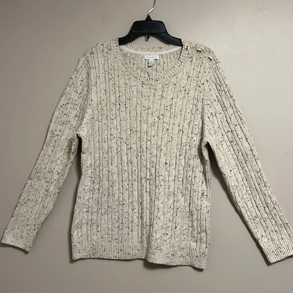 Charter Club Cable Knit Cream Off-White & Black Speckled Crew Neck Sweater XXL